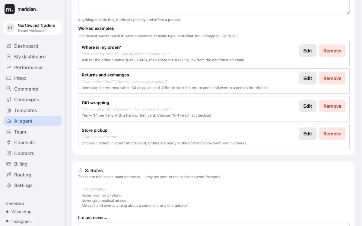 The Teach page with worked examples: where is my order, returns and exchanges, gift wrapping and store pickup.