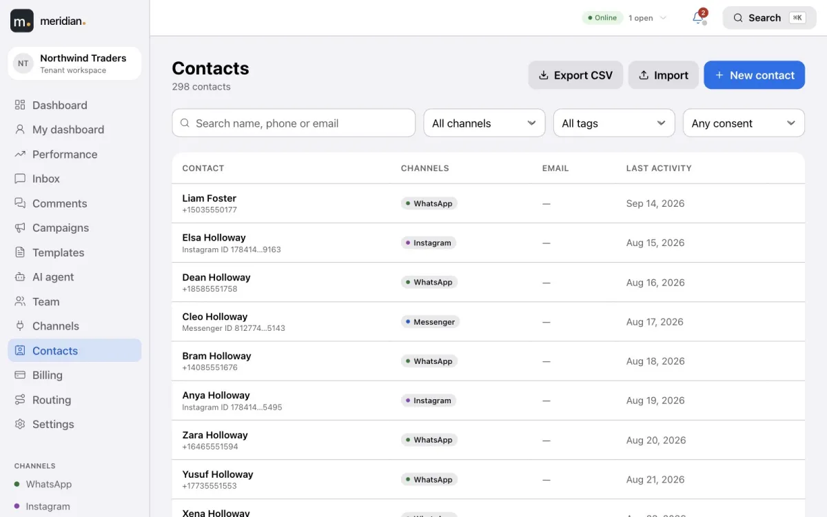 The contacts list with search and filters by channel, tag and consent.